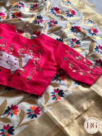 Silk with gold zari border and pallu - Flowers saree color - cream
