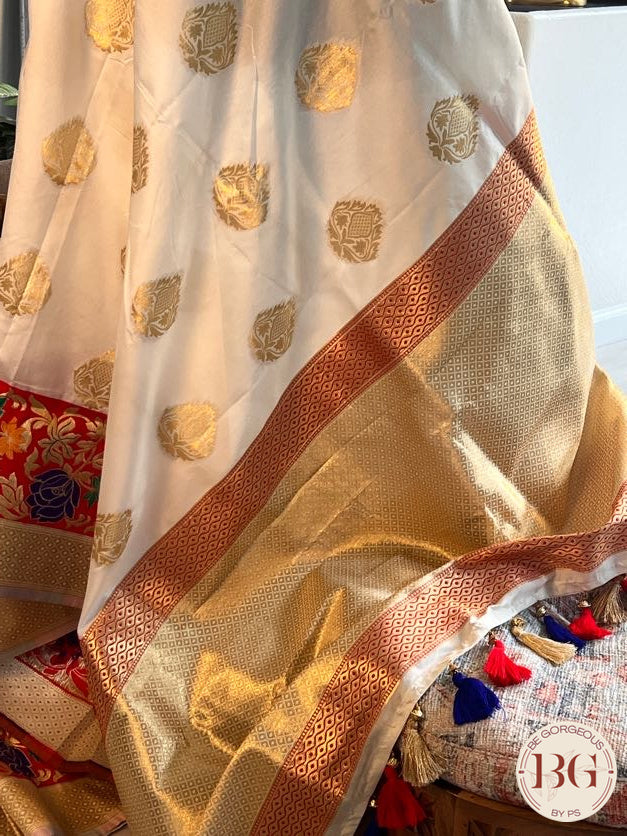 Silk with gold zari border and pallu - Flowers on border saree color - cream