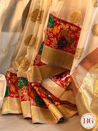 Silk with gold zari border and pallu - Flowers on border saree color - cream