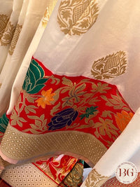 Silk with gold zari border and pallu - Flowers on border saree color - cream