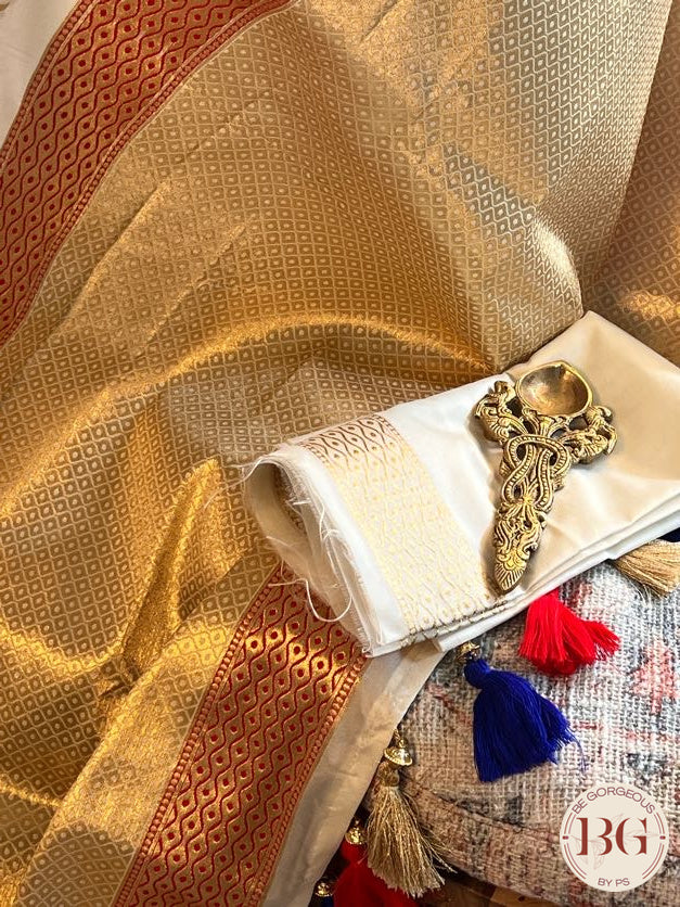 Silk with gold zari border and pallu - Flowers on border saree color - cream