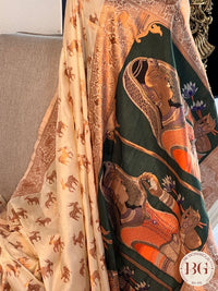 Soft silk with deer motifs and figures on pallu saree color - off white