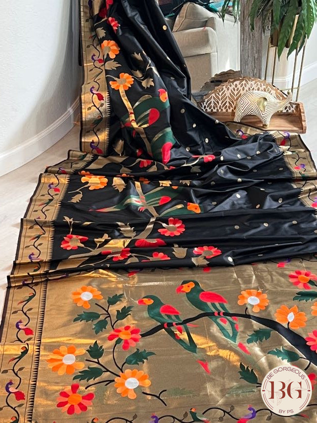 Soft silk paithani inspired saree with dali parrot saree color - black