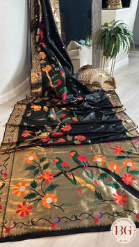 Soft silk paithani inspired saree with dali parrot saree color - black