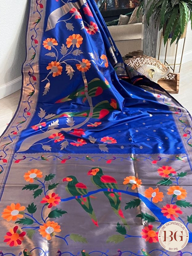 Soft silk paithani inspired saree with dali parrot saree color - blue