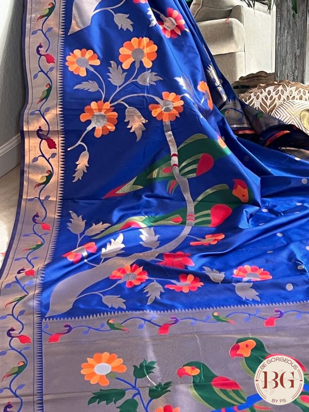 Soft silk paithani inspired saree with dali parrot saree color - blue