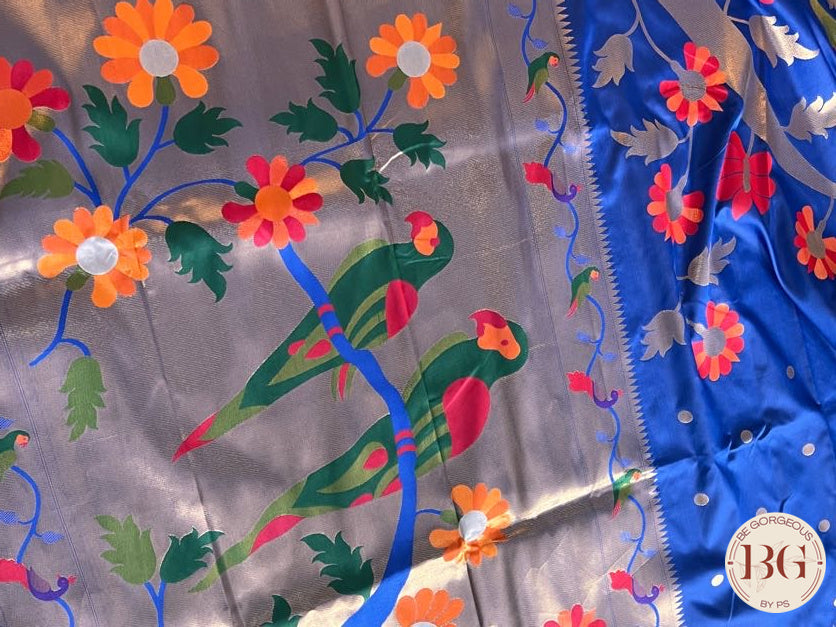 Soft silk paithani inspired saree with dali parrot saree color - blue