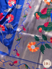 Soft silk paithani inspired saree with dali parrot saree color - blue