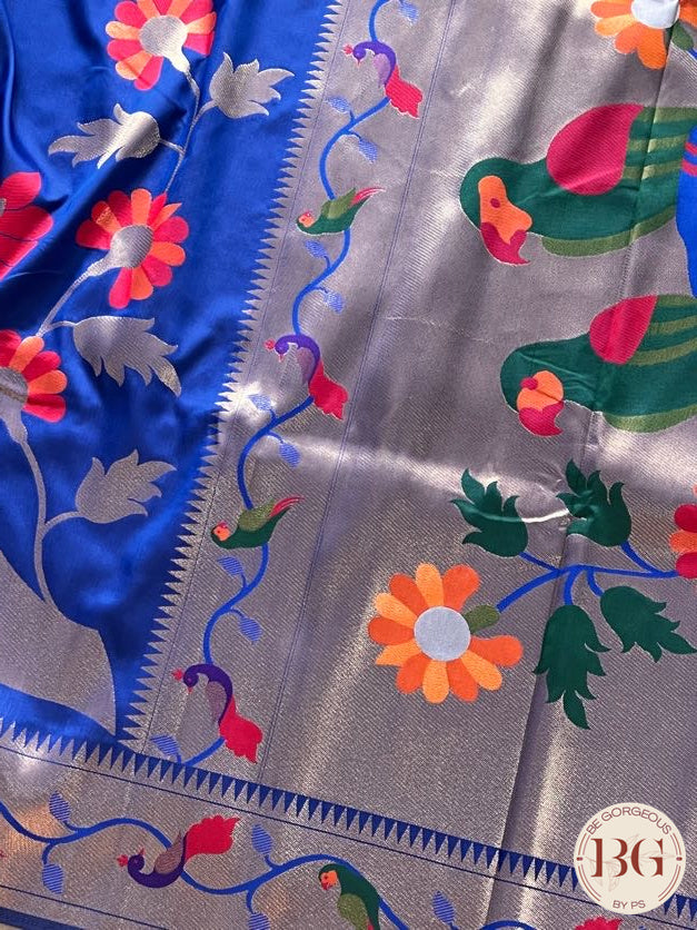 Soft silk paithani inspired saree with dali parrot saree color - blue