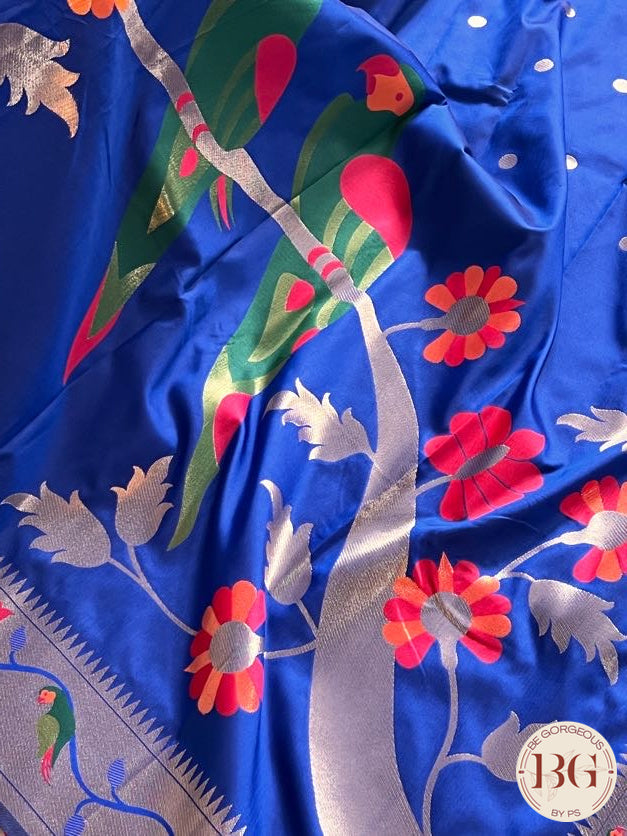 Soft silk paithani inspired saree with dali parrot saree color - blue