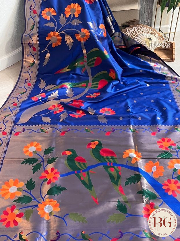 Soft silk paithani inspired saree with dali parrot saree color - blue