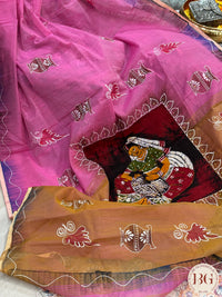 Linen Handpainted Saree - Pink