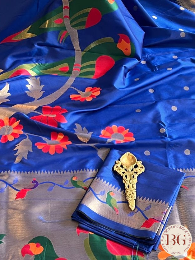 Soft silk paithani inspired saree with dali parrot saree color - blue