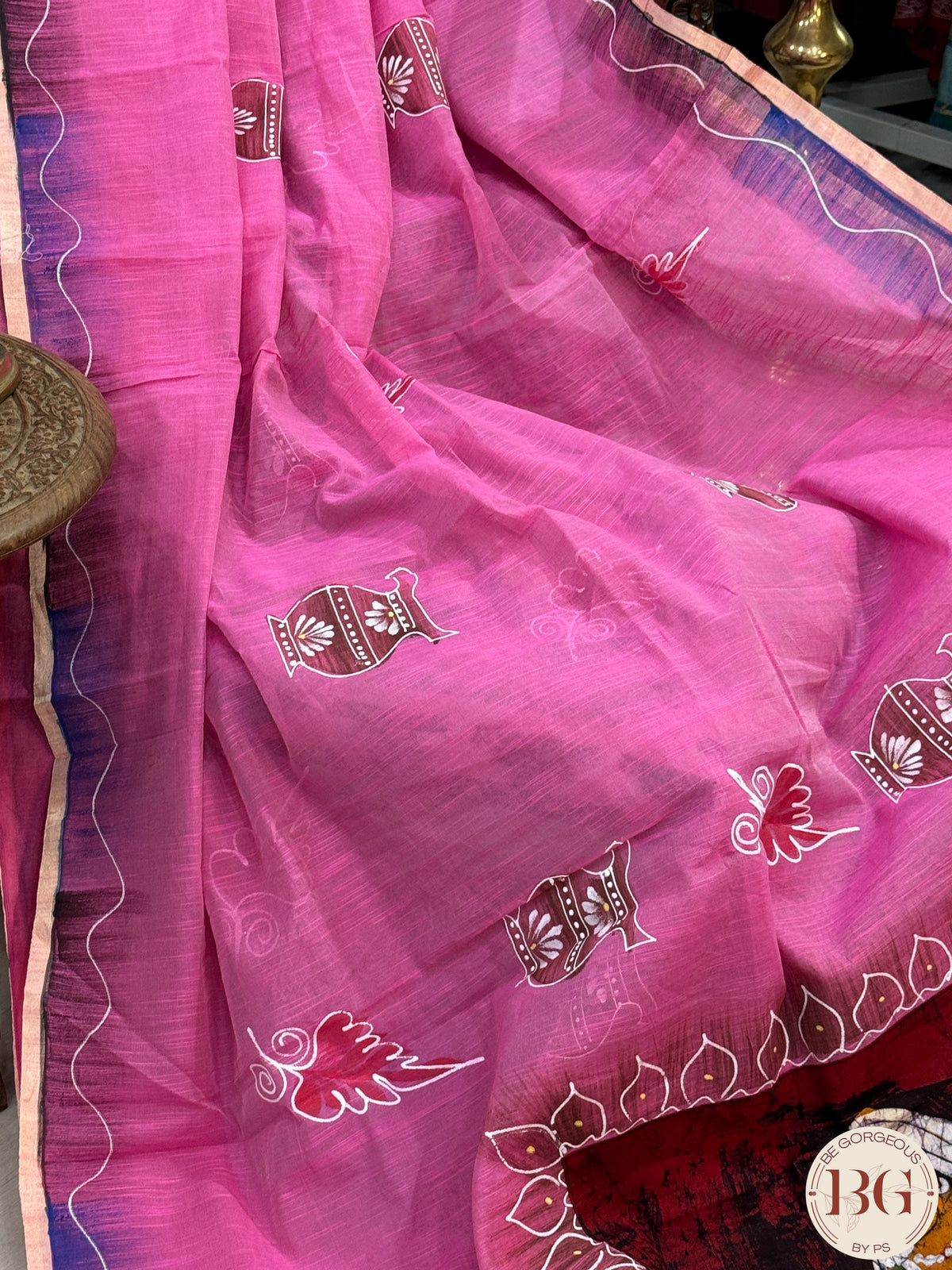 Linen Handpainted Saree - Pink