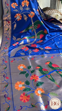Soft silk paithani inspired saree with dali parrot saree color - blue