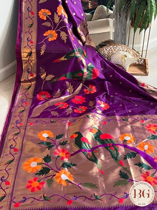 Soft silk paithani inspired saree with dali parrot saree color - purple