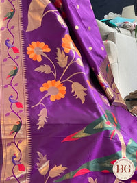Soft silk paithani inspired saree with dali parrot saree color - purple