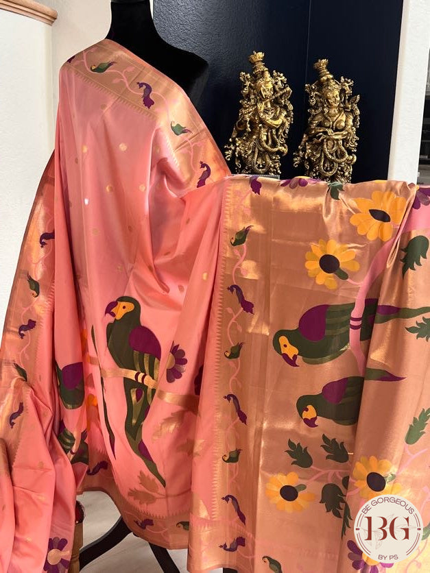 Soft silk paithani inspired saree with dali parrot saree color - pink peach