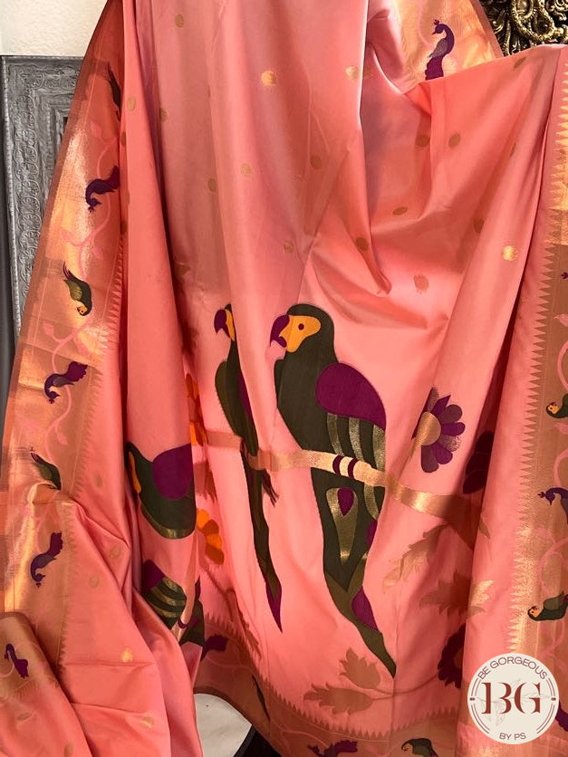 Soft silk paithani inspired saree with dali parrot saree color - pink peach