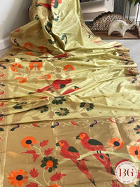 Soft silk paithani inspired saree with dali parrot saree color - green