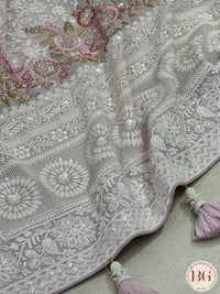 Georgette with chikankari work, sequins - Purple