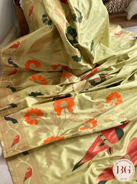 Soft silk paithani inspired saree with dali parrot saree color - green