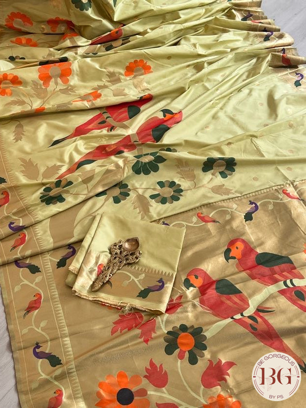 Soft silk paithani inspired saree with dali parrot saree color - green