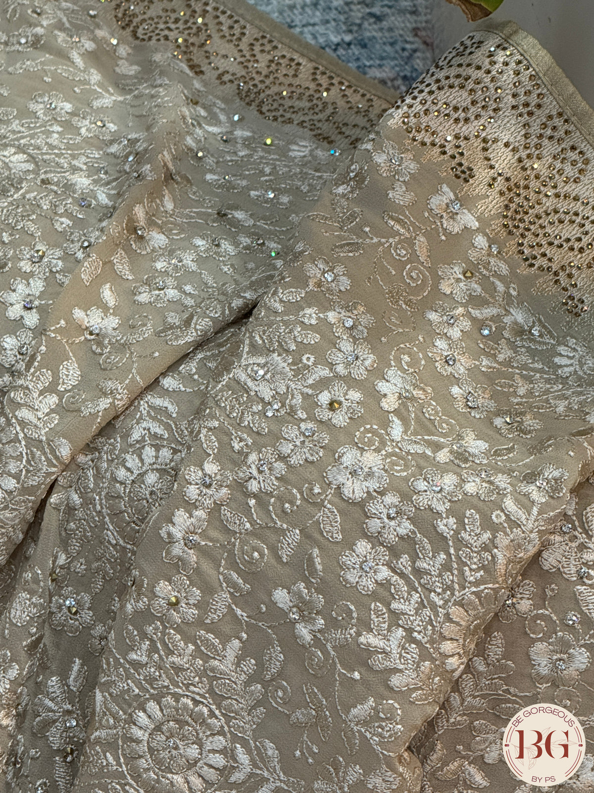 Georgette with chikankari work, sequins and mukesh - Brown