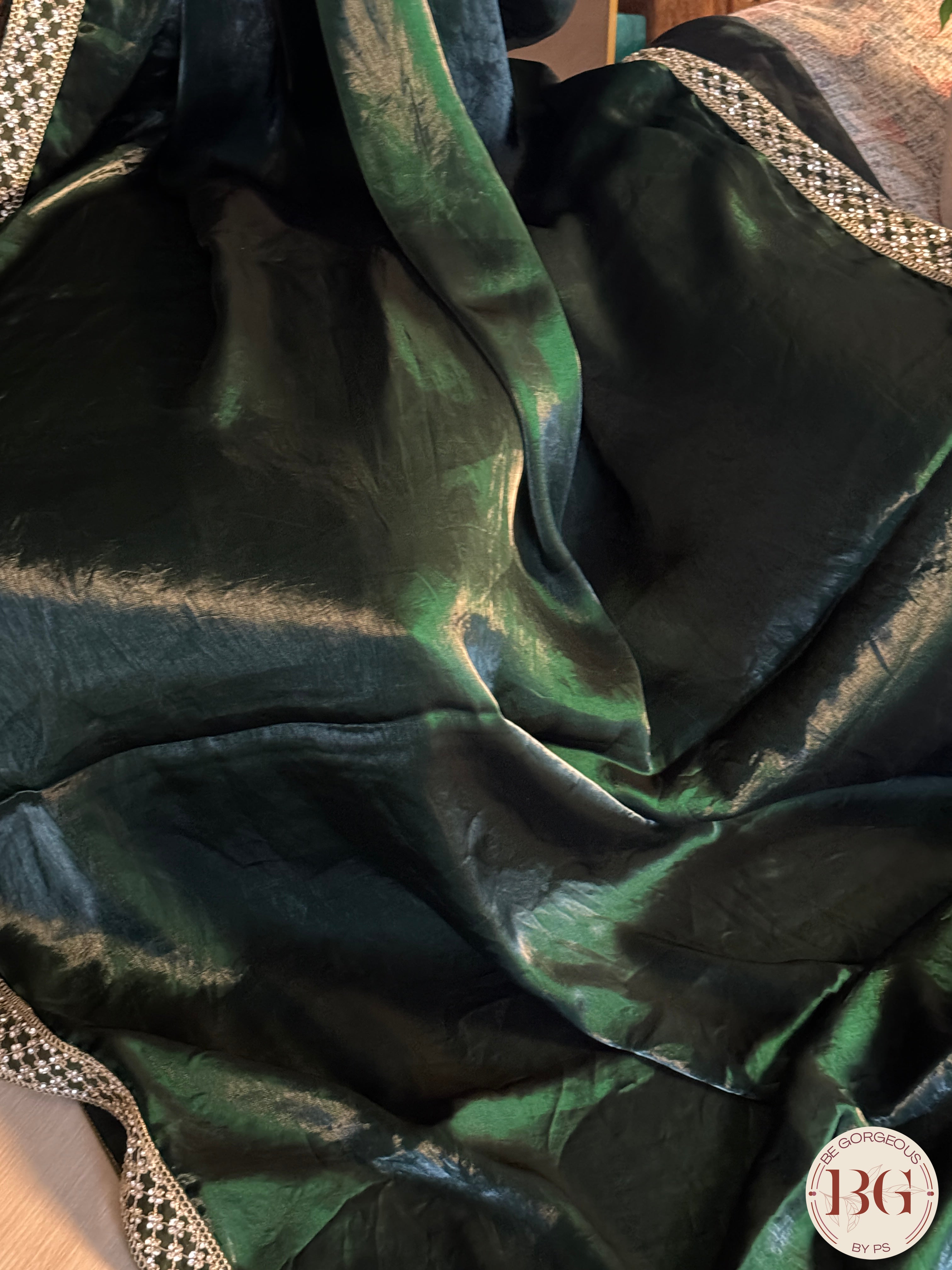 Tissue Silk Saree with lace - Bottle Green