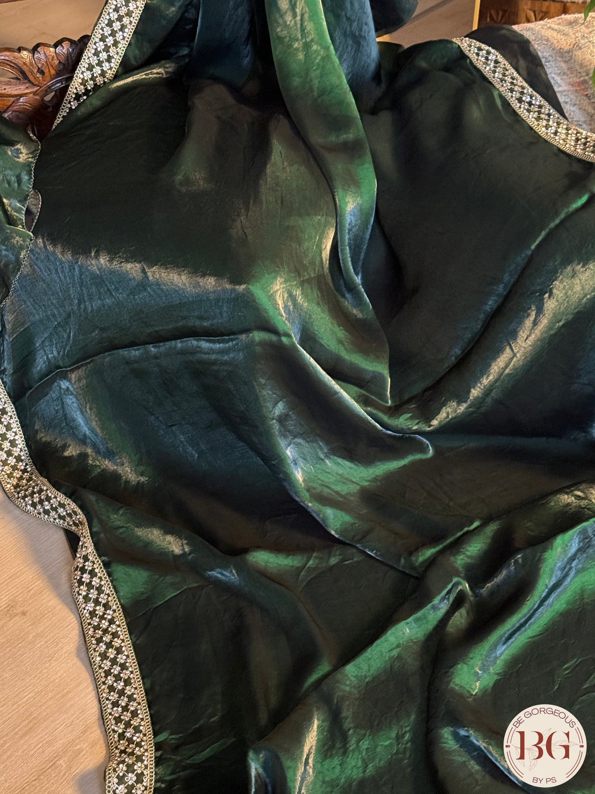 Tissue Silk Saree with lace - Bottle Green