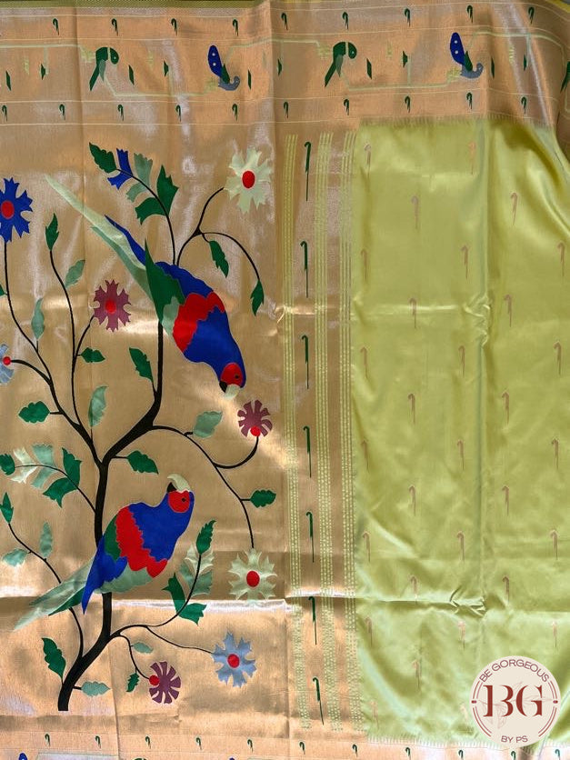 Soft silk paithani inspired with muniya paithani border saree color - green pastel