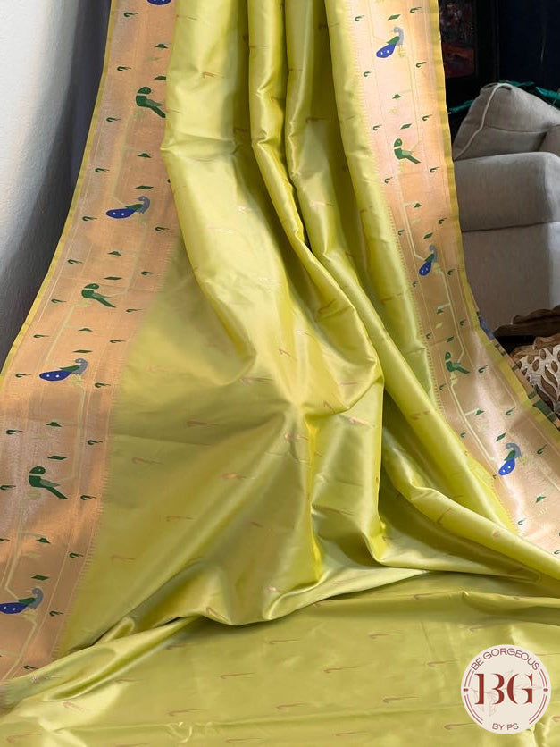 Soft silk paithani inspired with muniya paithani border saree color - green pastel