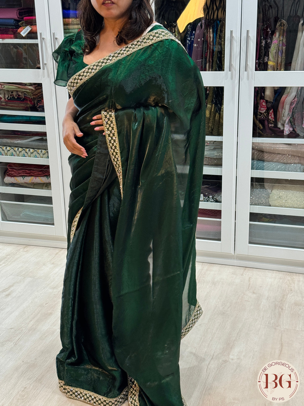 Tissue Silk Saree with lace - Bottle Green