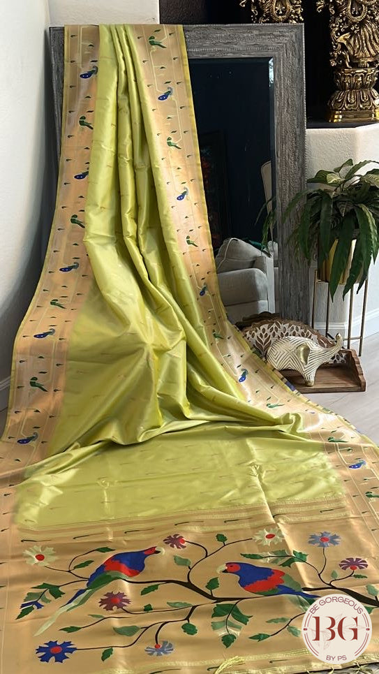 Soft silk paithani inspired with muniya paithani border saree color - green pastel