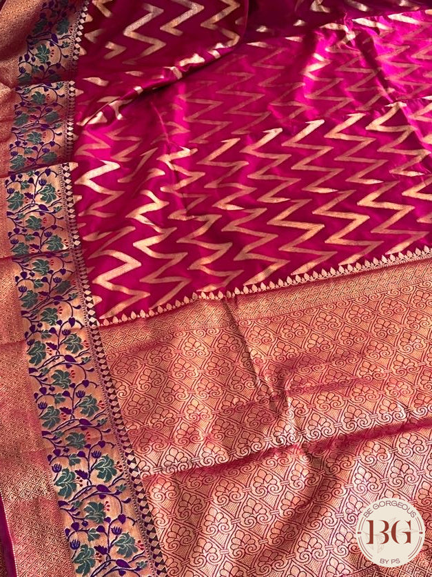 Soft silk zigzag pattern woven saree saree color - pink