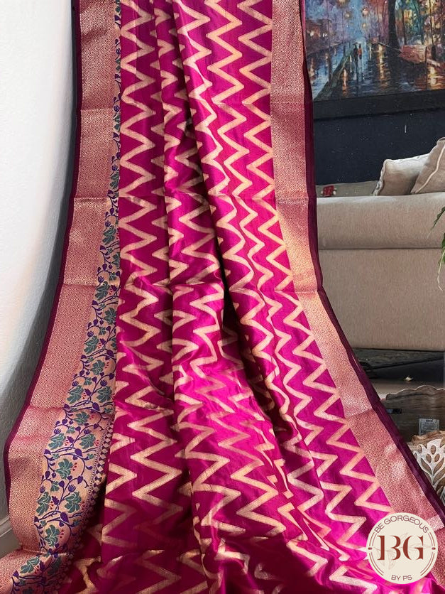 Soft silk zigzag pattern woven saree saree color - pink