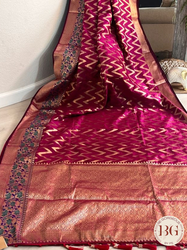 Soft silk zigzag pattern woven saree saree color - pink