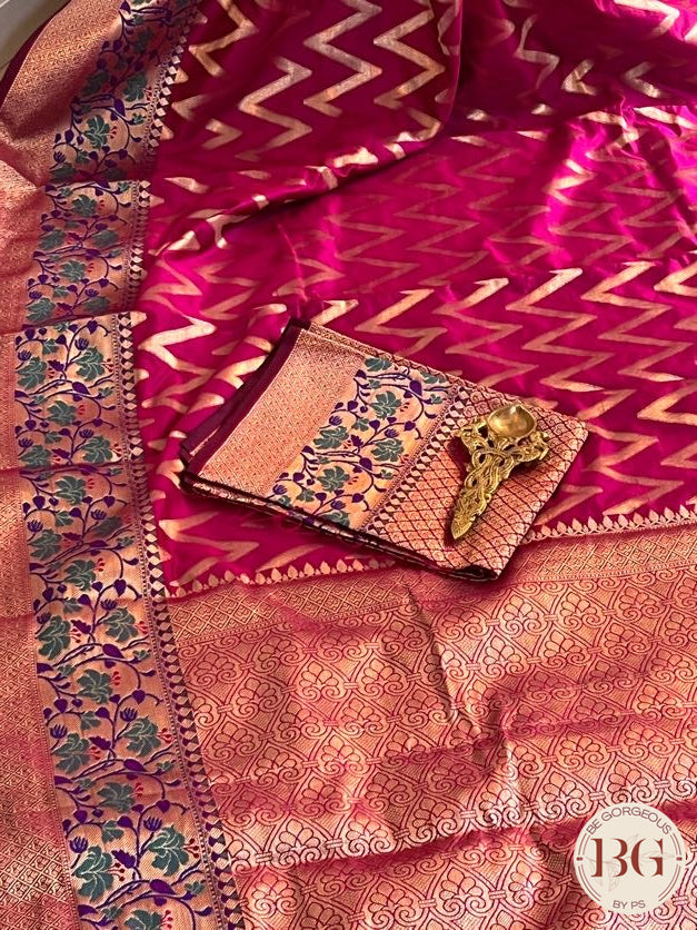 Soft silk zigzag pattern woven saree saree color - pink