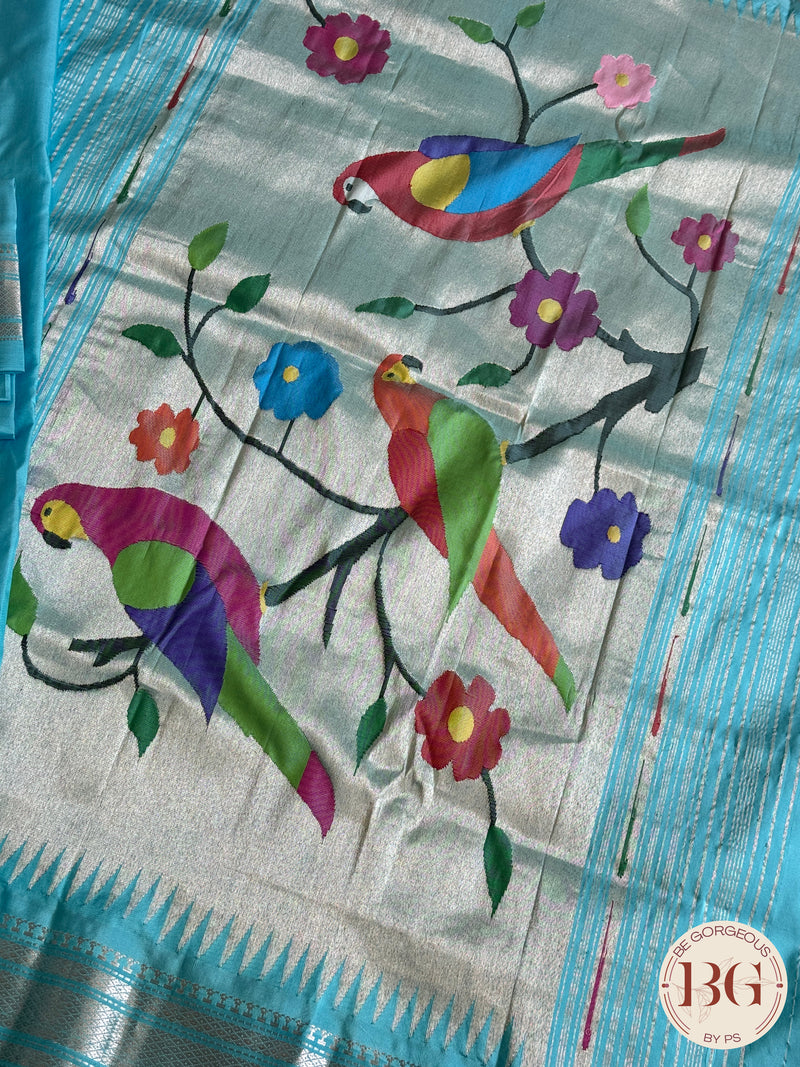 Paithani handloom pure silk saree Light Blue Parrot