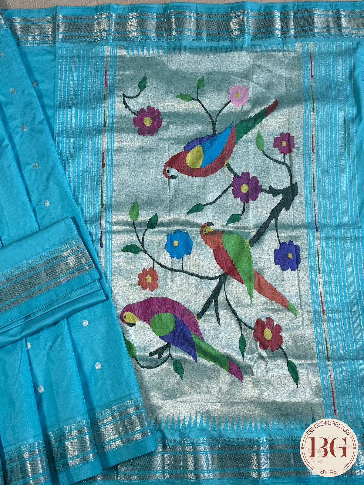 Paithani handloom pure silk saree Light Blue Parrot