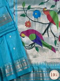 Paithani handloom pure silk saree Light Blue Parrot