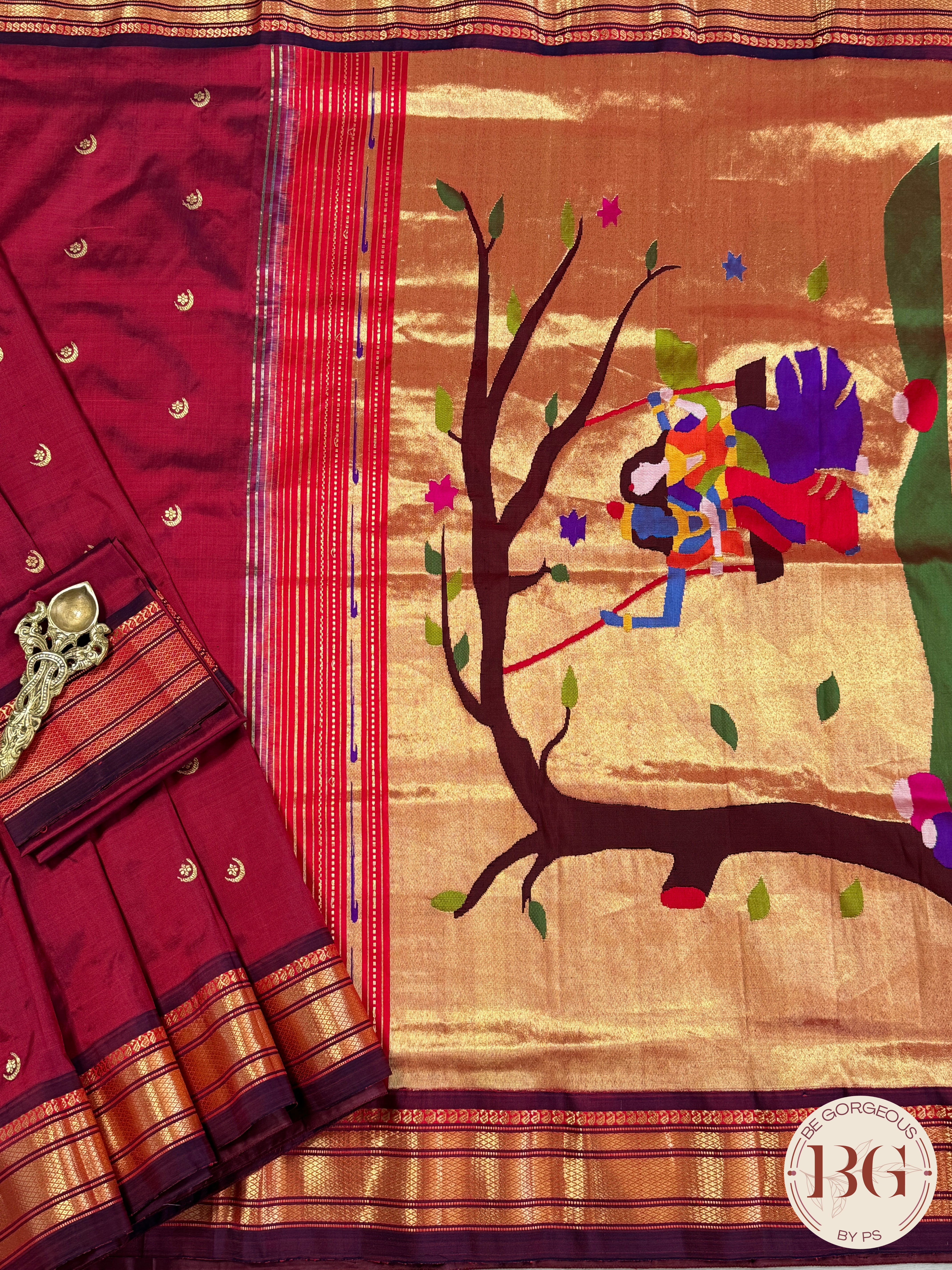 Paithani handloom pure silk saree Maroon Purple Radha Krishna tree motif