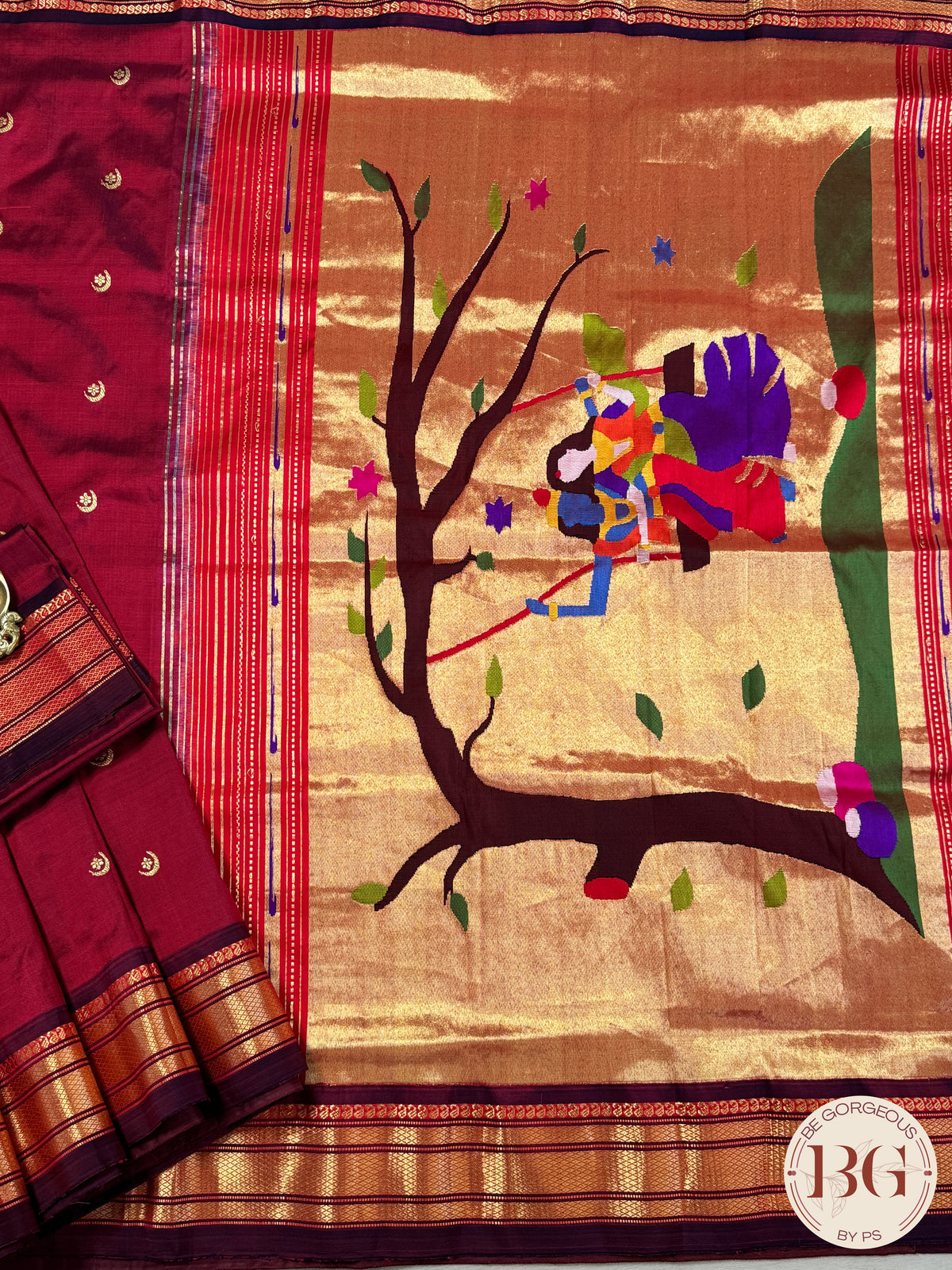 Paithani handloom pure silk saree Maroon Purple Radha Krishna tree motif