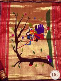 Paithani handloom pure silk saree Maroon Purple Radha Krishna tree motif