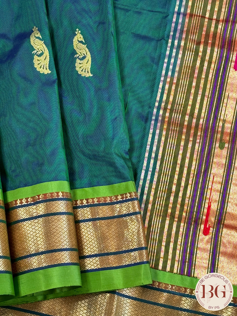 Paithani handloom pure silk saree Peacock Blue and lime green parrot motif saree