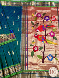 Paithani handloom pure silk saree Peacock Blue and lime green parrot motif saree