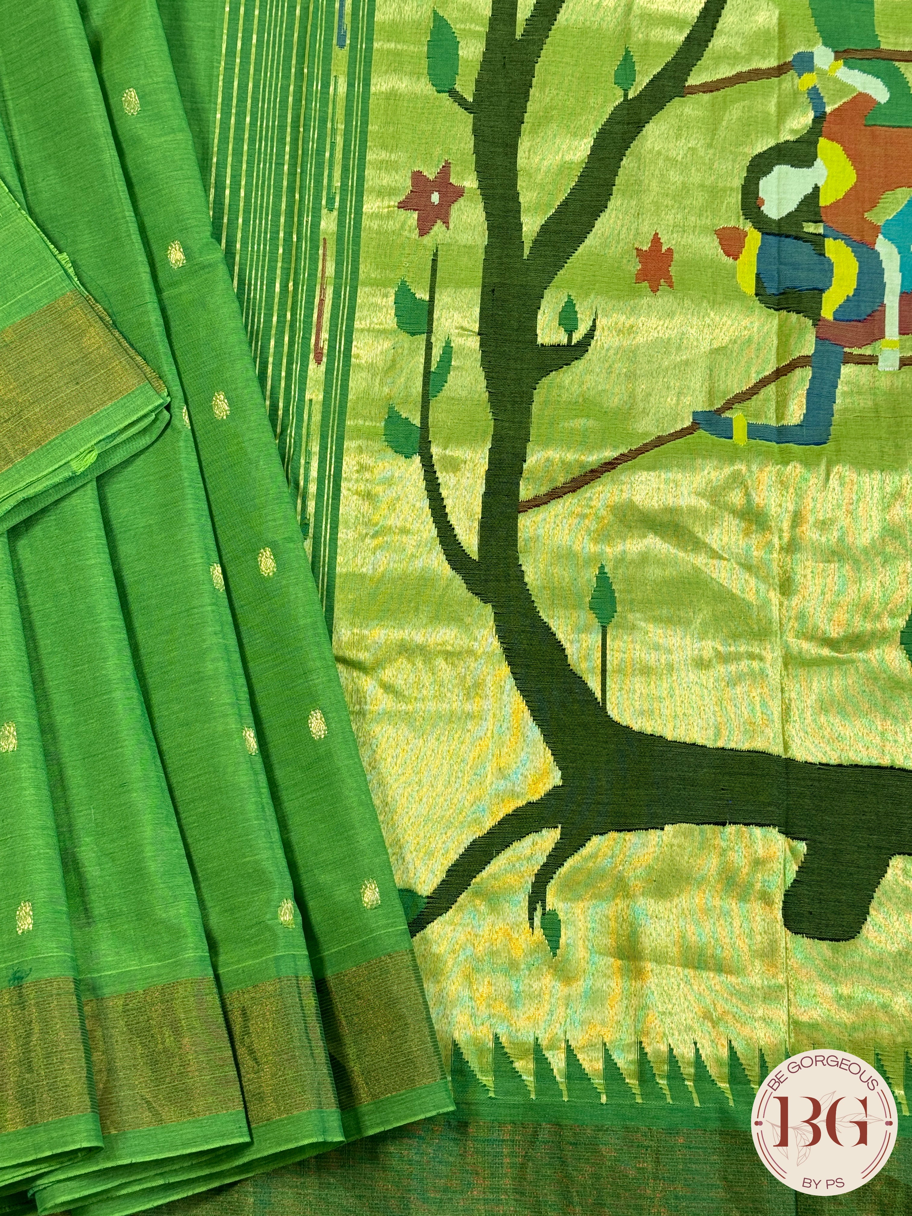 Paithani handloom cotton saree Green Radha Krishna Tree