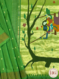 Paithani handloom cotton saree Green Radha Krishna Tree