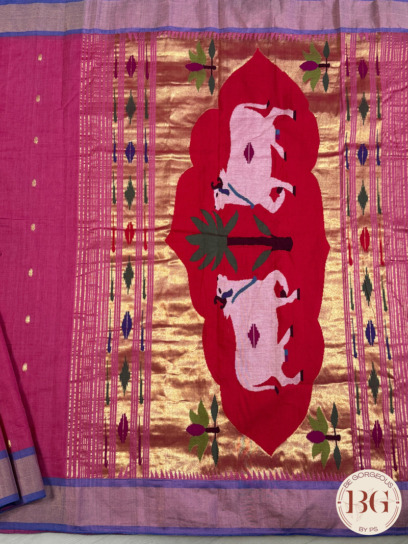 Paithani handloom cotton saree Pink Purple Cow Design