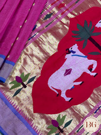 Paithani handloom cotton saree Pink Purple Cow Design